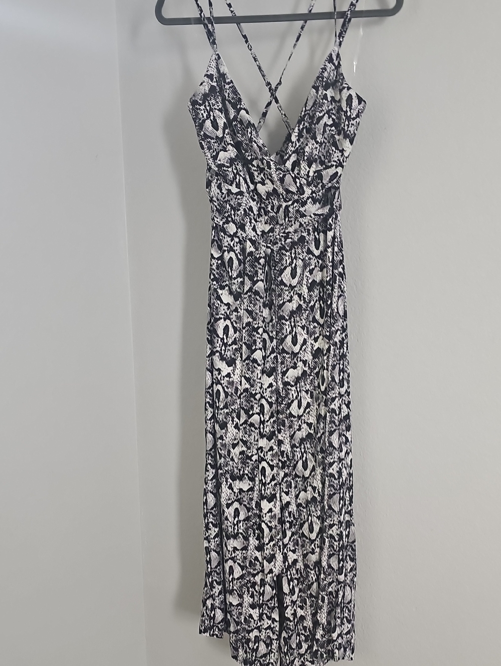 Inspired Hearts Black and White Snake-Print Jumpsuit with Crisscross Straps